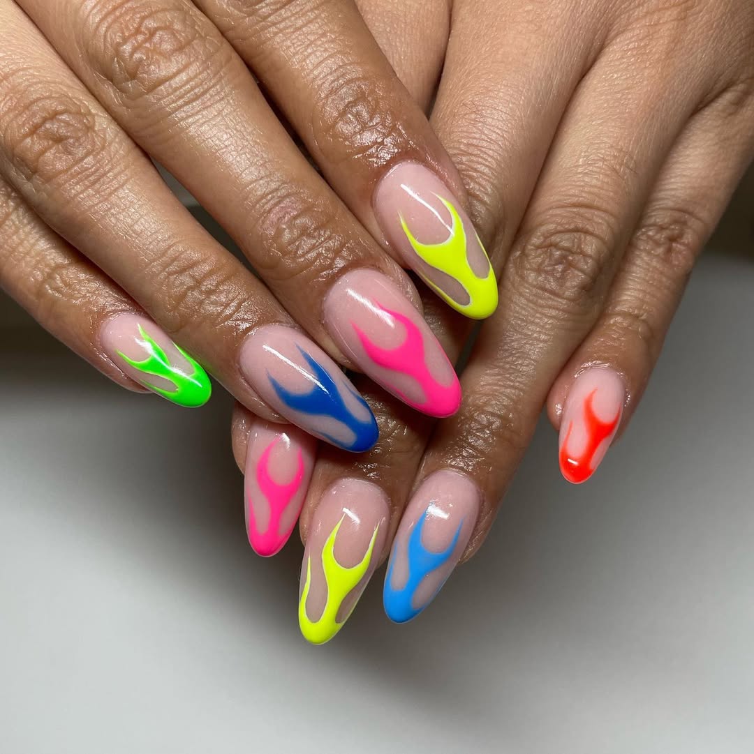 Neon Flame Almond Nails