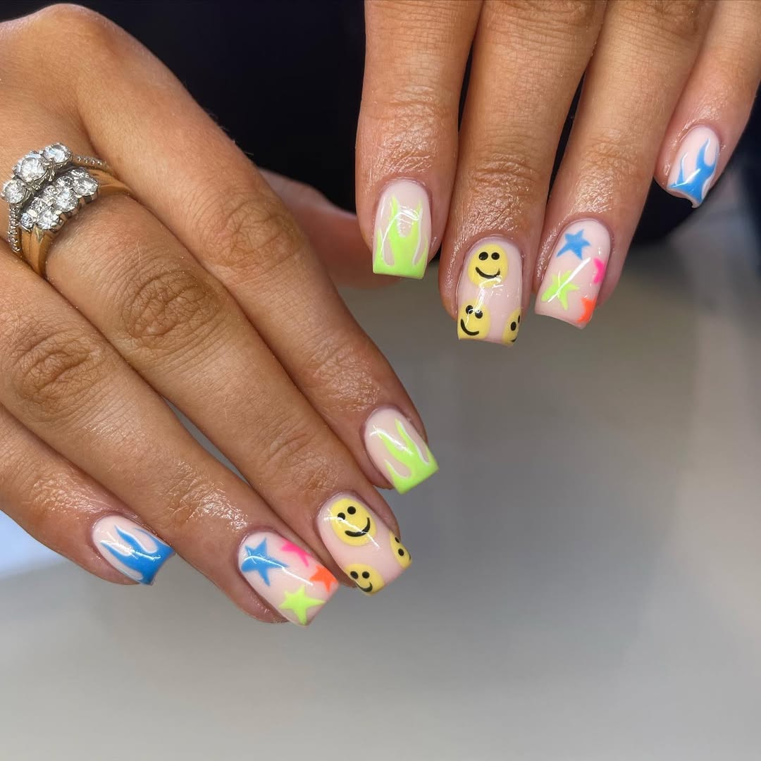 Neon Flame Smiley Star Short Square Nails