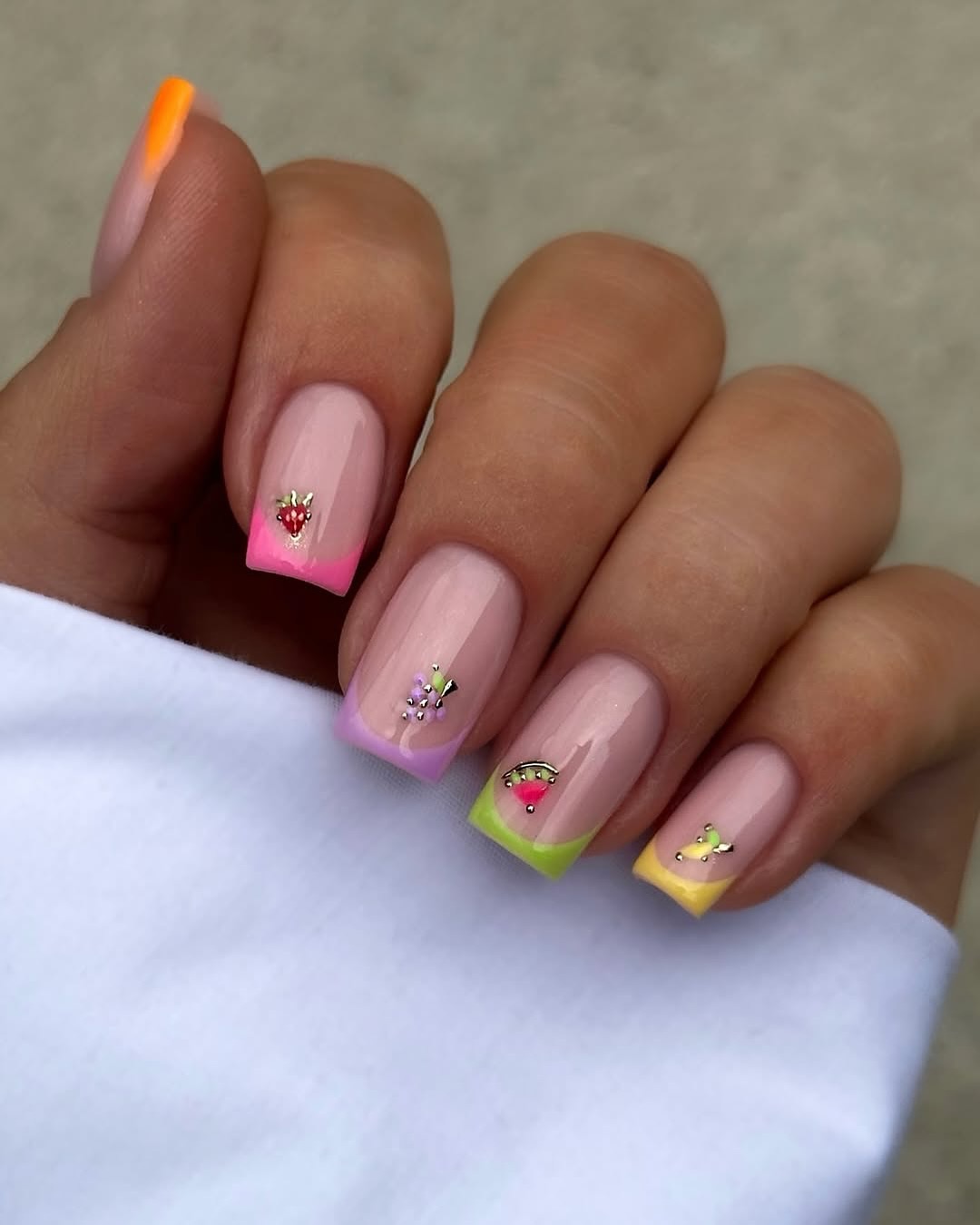 Neon French Tips with Fruity 3D Charms