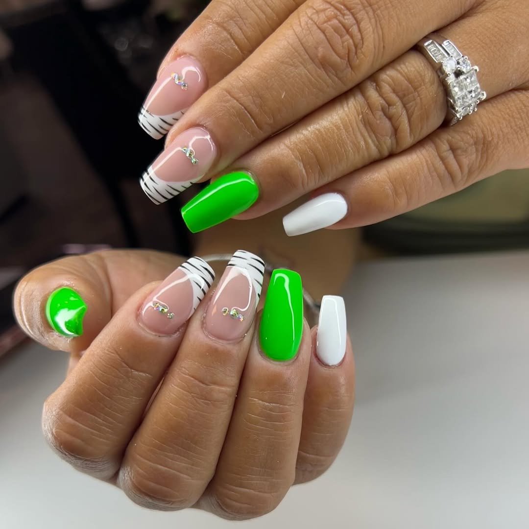 Neon Green and Zebra Print French Tip Coffin Nails
