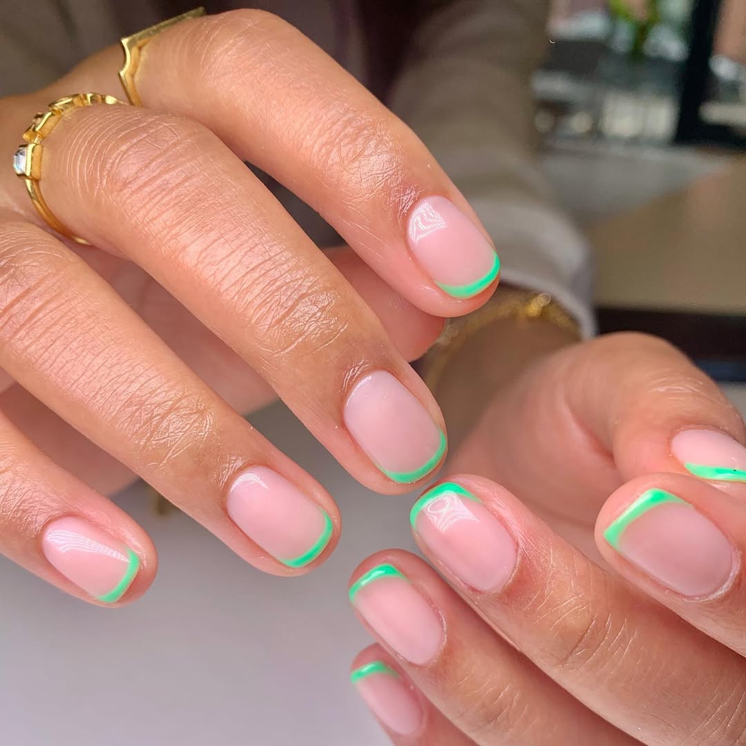 Neon Green French Tips Glossy Short Round
