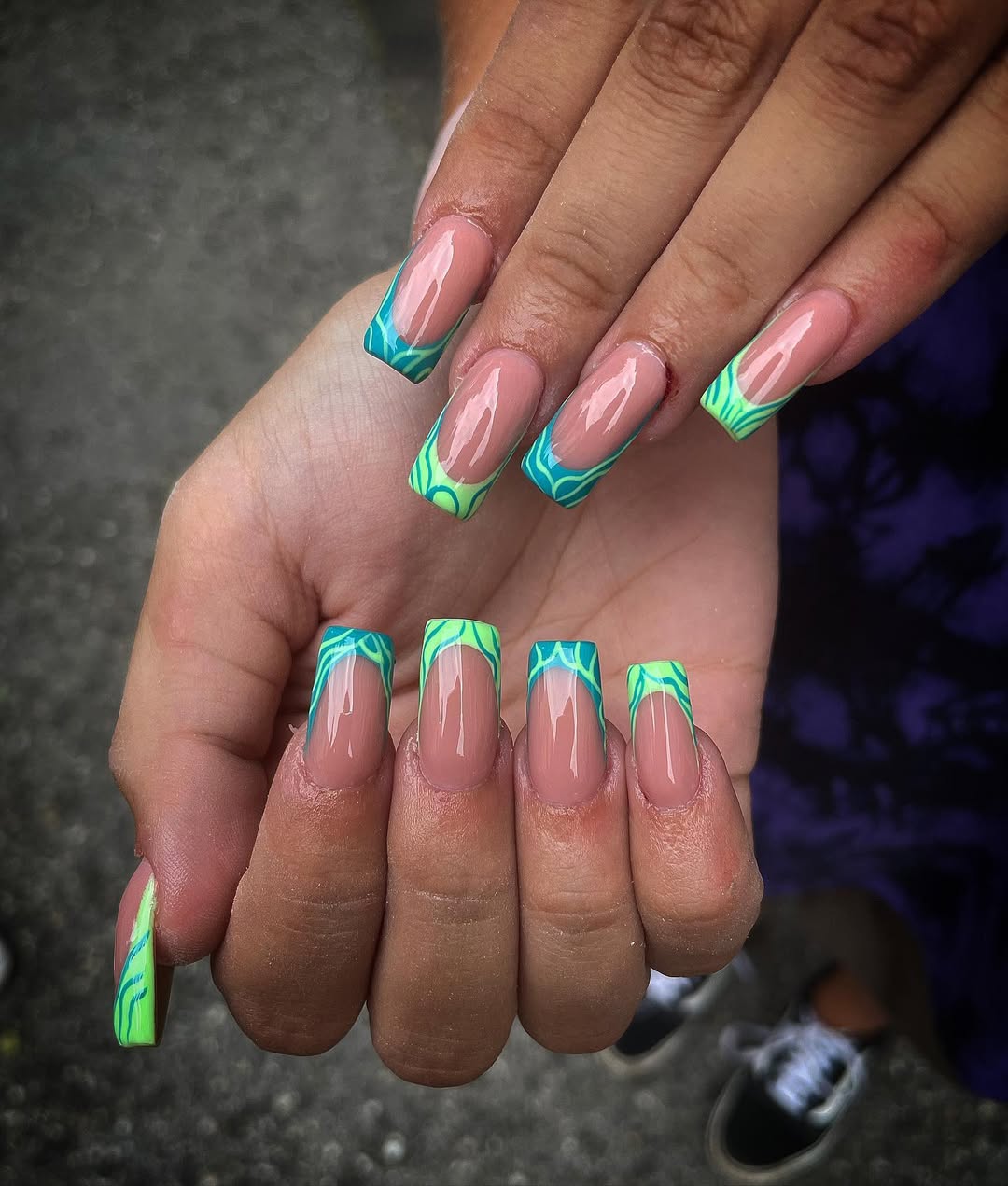 Neon Green Teal Swirl French Tips Square