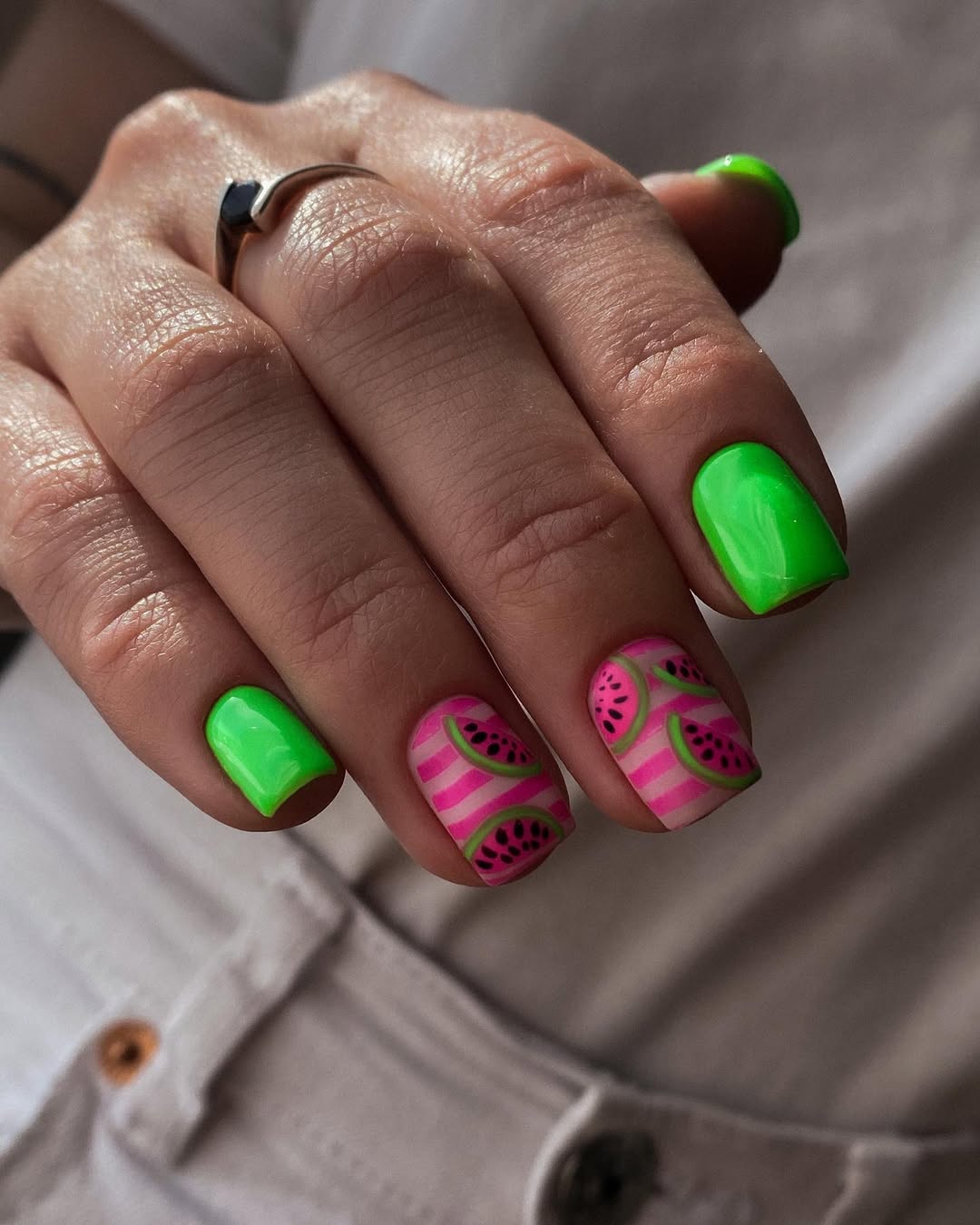 Neon Green Watermelon Striped Short Squoval Nails