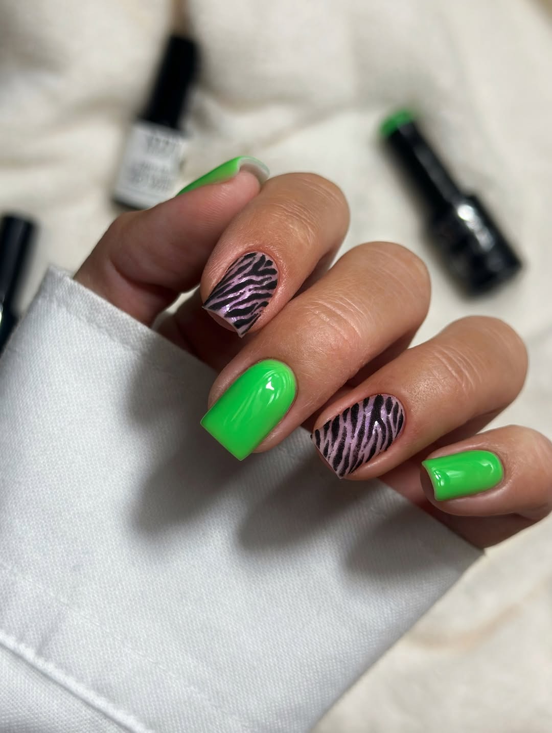 Neon Green Zebra Print Medium Squoval Nails