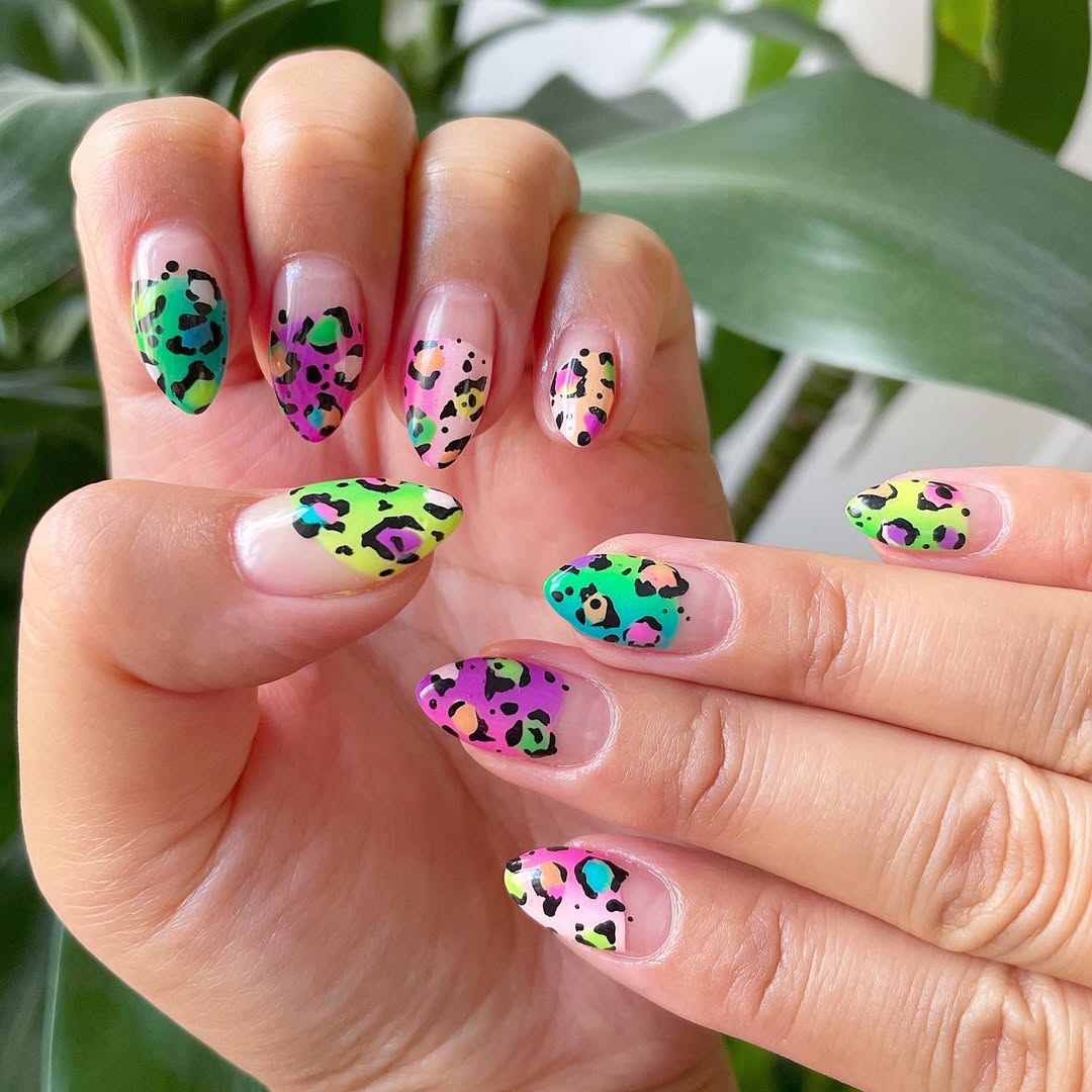 Neon Leopard Print Tip Almond Nails