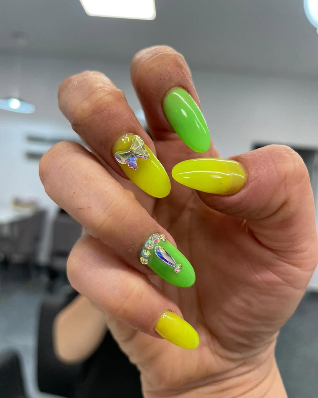 Neon Lime And Yellow Almond Sparkle Nails