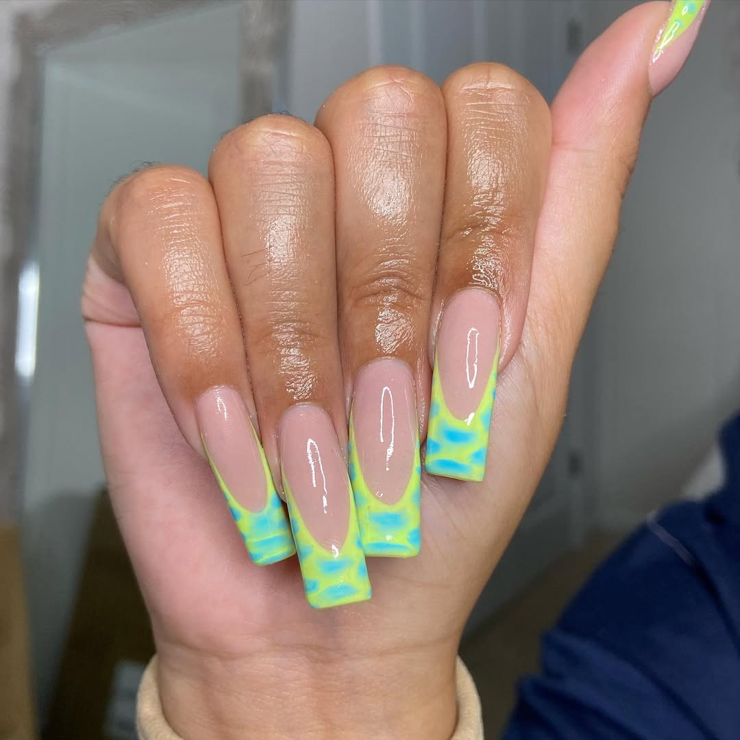 Neon Lime Blue Animal Print Square French Tips