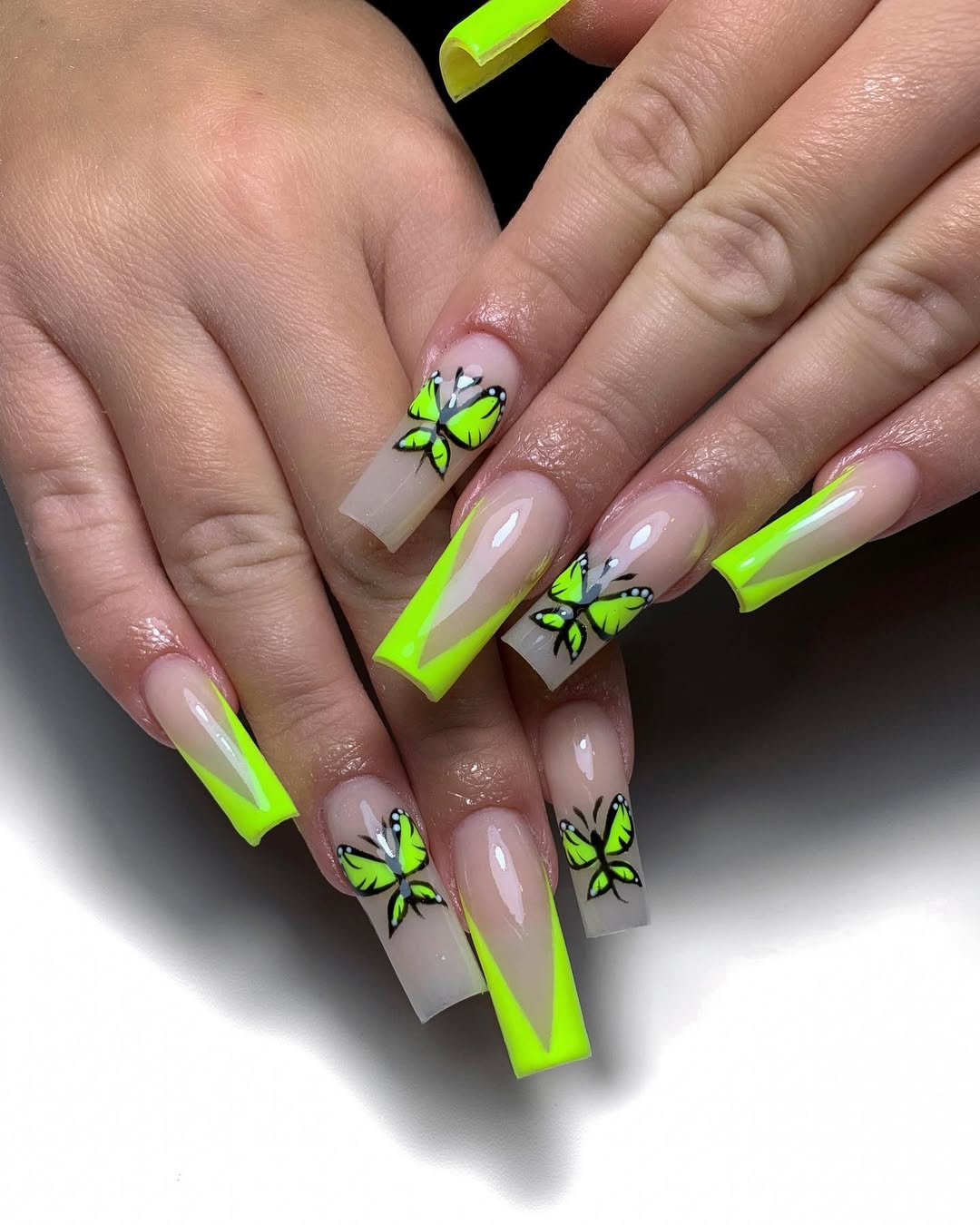 Neon Lime Butterfly French V-Tips with Clear Base