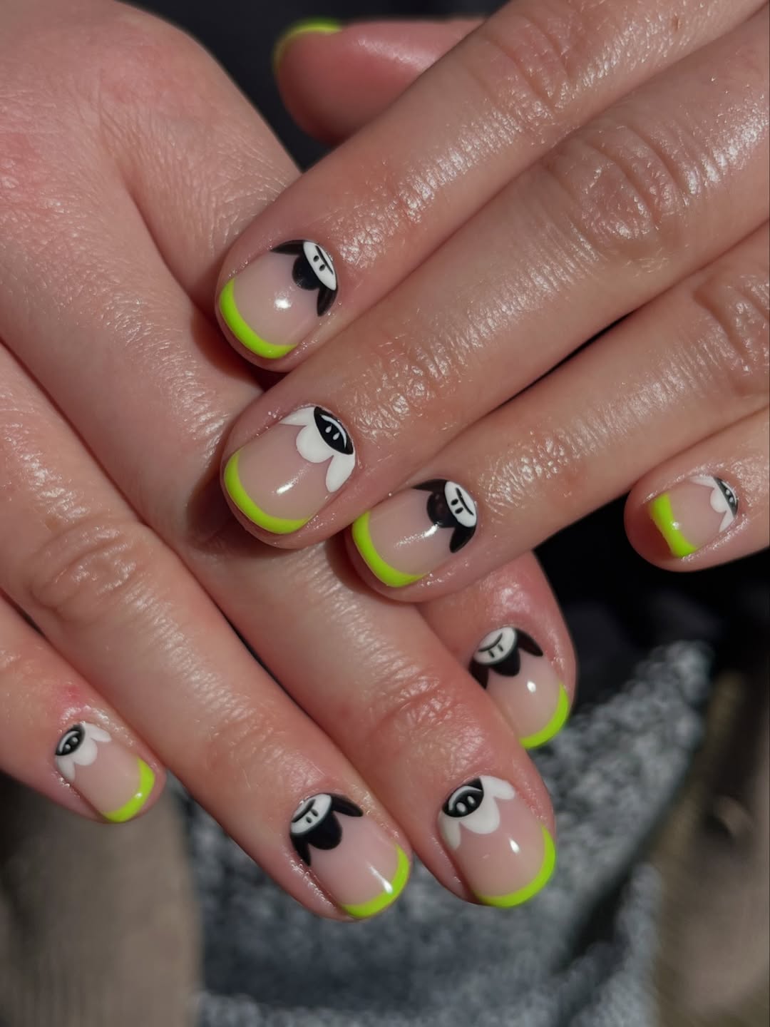 Neon Lime French Tips With Daisy Abstract Faces