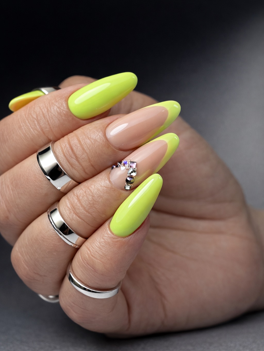 Neon Lime French Tips with Rhinestone Accent