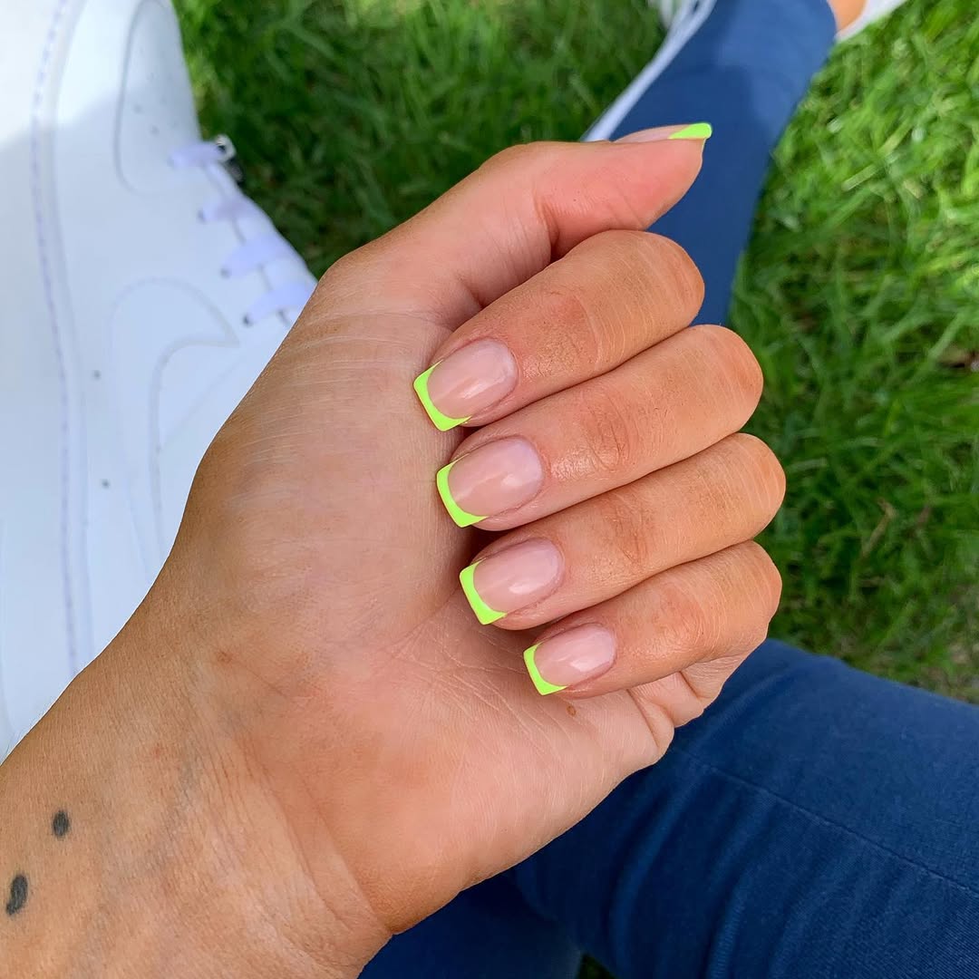 Neon Lime Green French Tips Square Nails