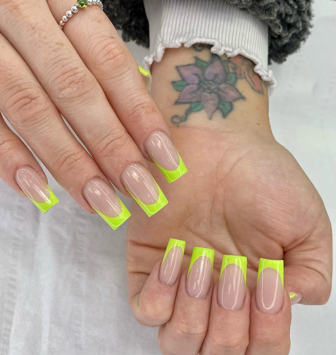 Neon Lime Green Glossy Long French Tips
