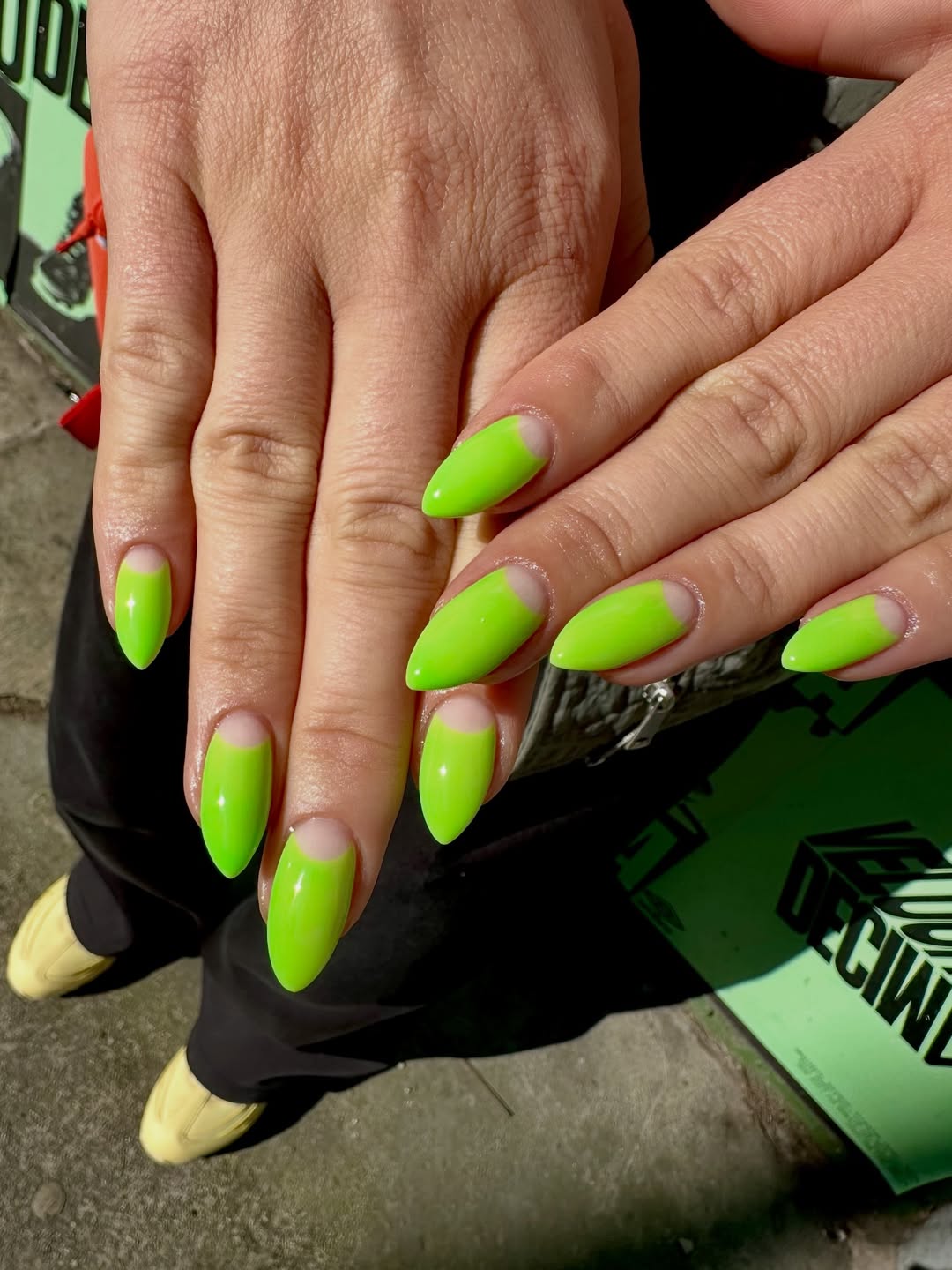 Neon Lime Green Reverse French Tip Almond