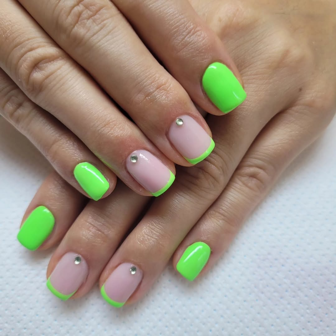 Neon Lime Green Square French Tips with Rhinestone Accents