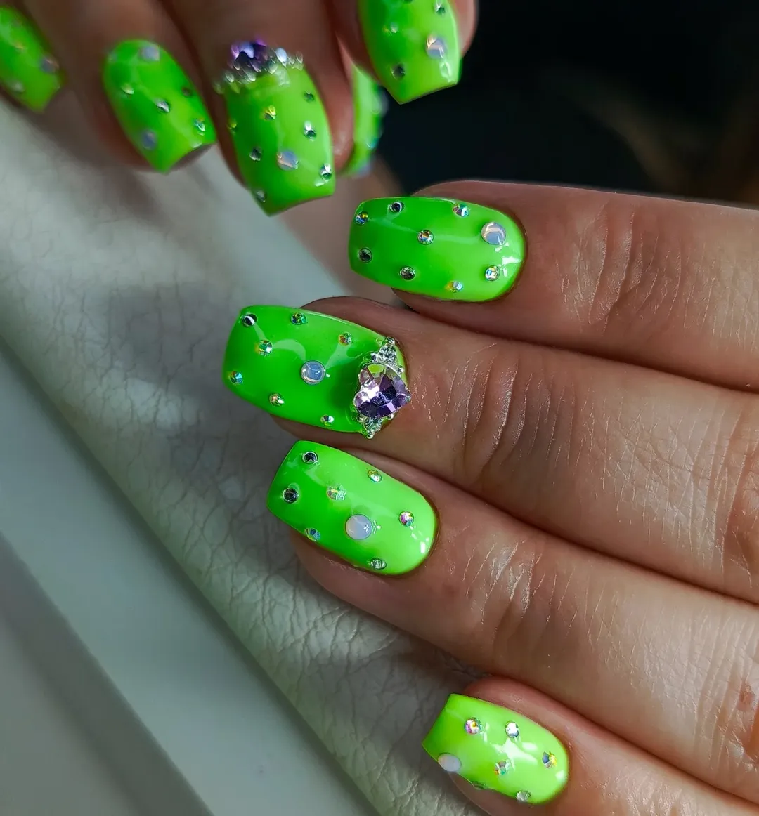 Neon Lime Square Nails with Rhinestone Embellishments