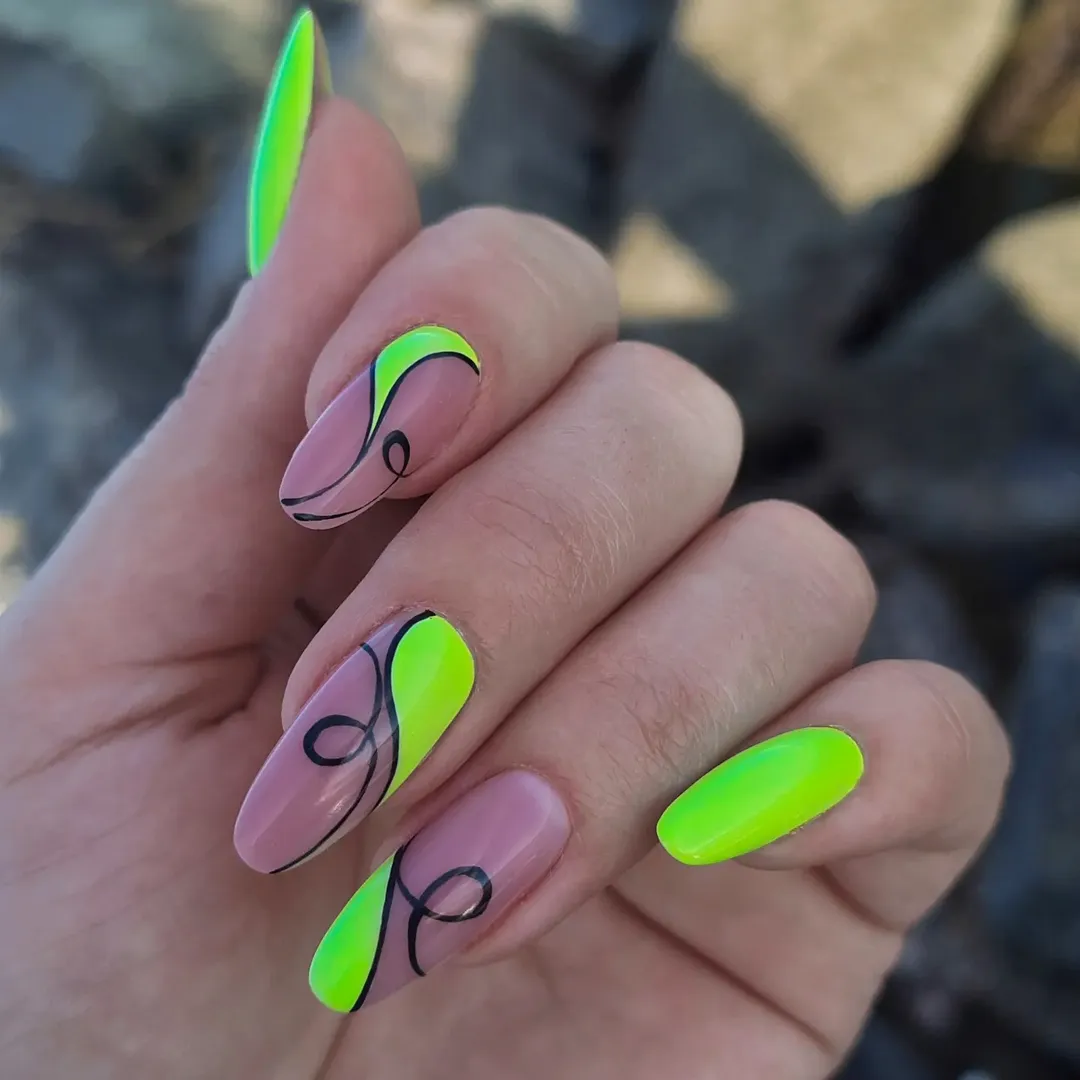 Neon Lime Swirl Abstract Medium Almond Nails