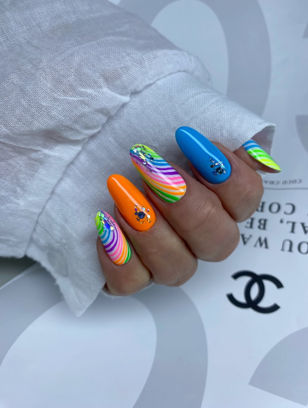 Neon Ombré Rainbow Swirl with Blue and Orange Accents