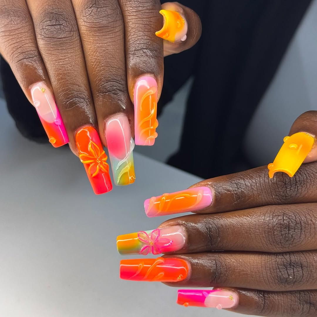 Neon Ombré Swirls And 3D Floral Coffin Nails