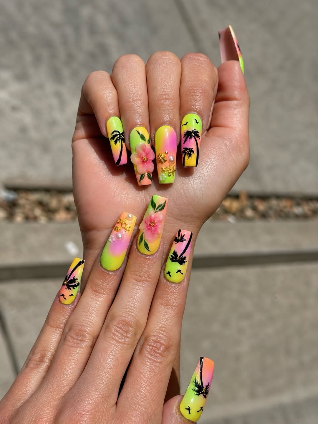 Neon Ombre Tropical Palm Tree Coffin Nails
