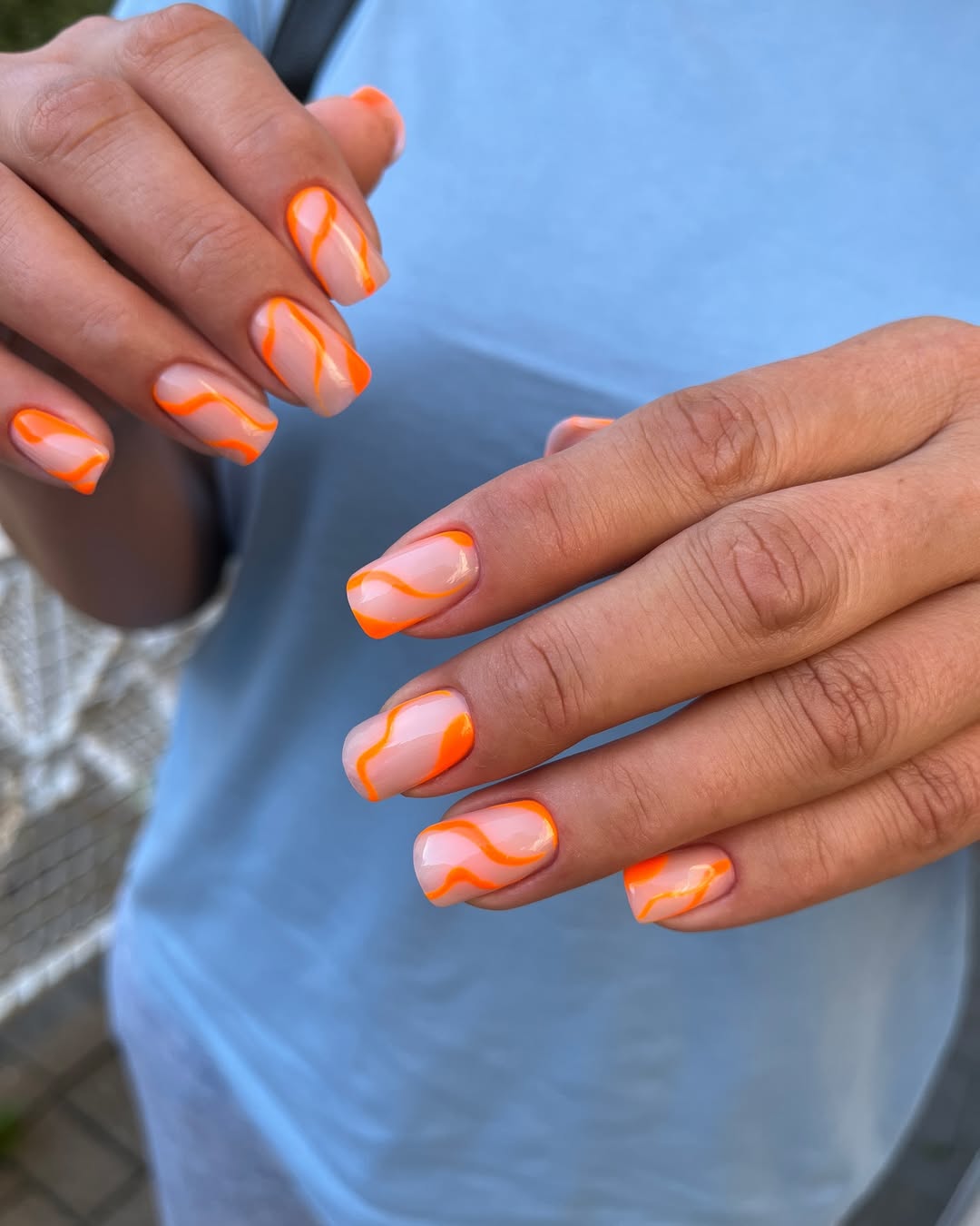 Neon Orange Abstract Swirl Short Square Nails