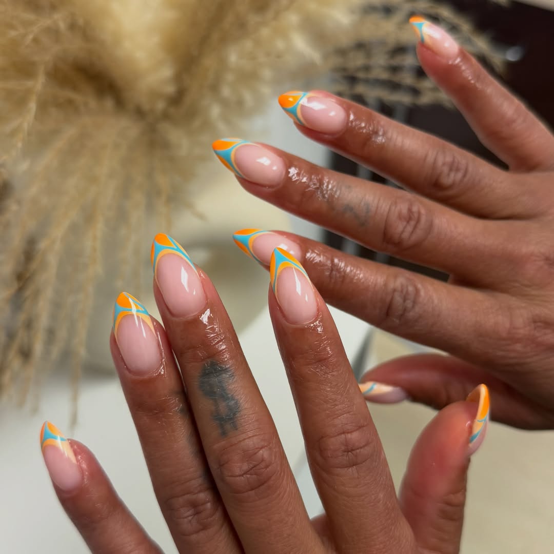Neon Orange and Blue Swirl French Tips, Almond Shape