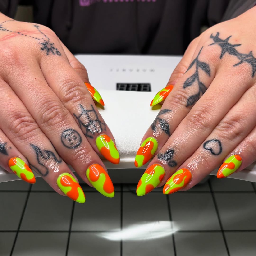 Neon Orange and Lime Green Abstract Swirls