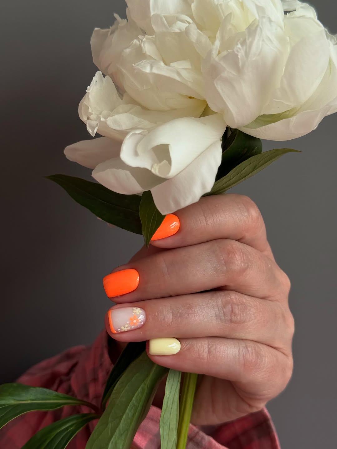 Neon Orange and Pastel Daisy Micro French Summer Nails