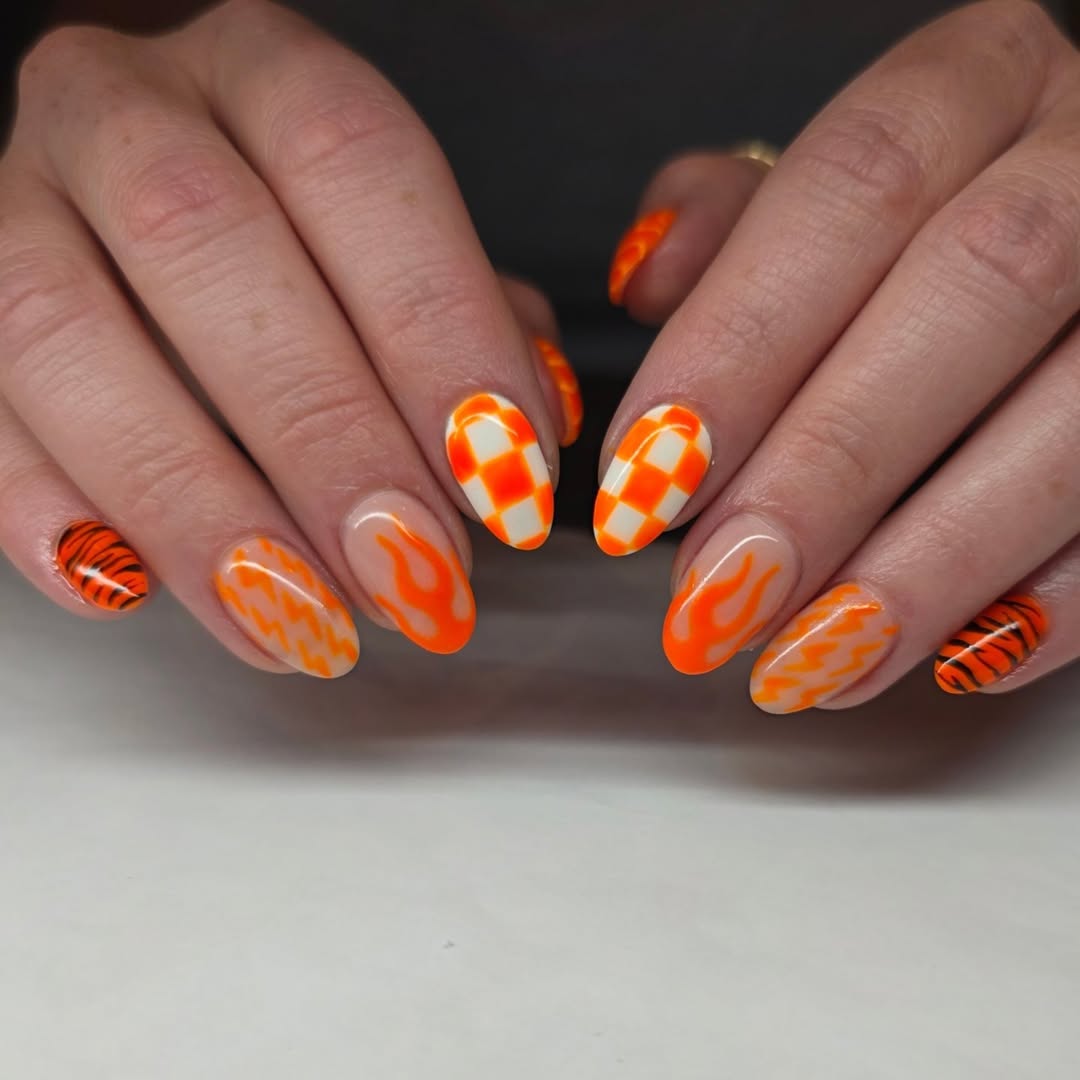Neon Orange Flames and Checkerboard Almond Nails