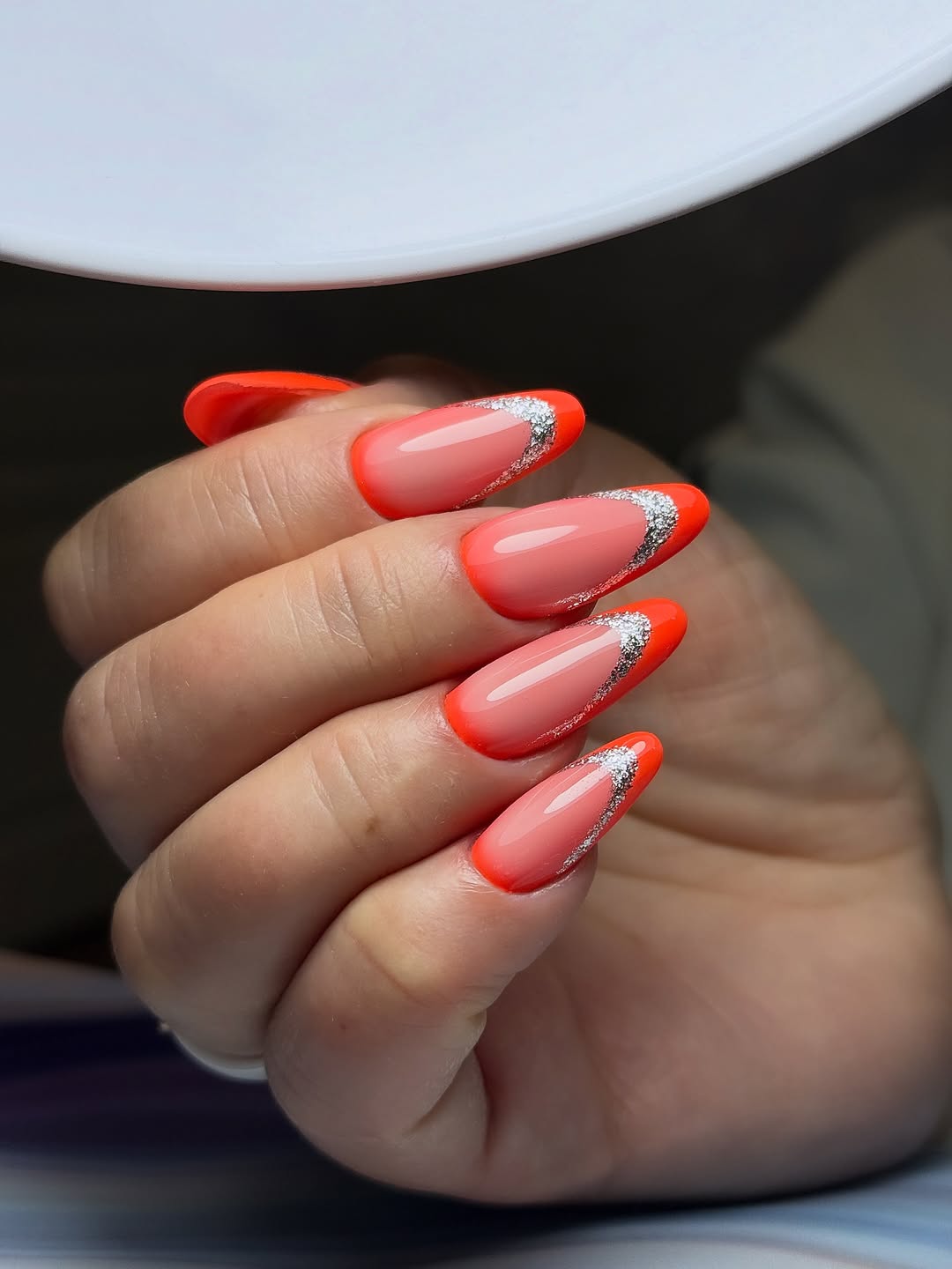 Neon Orange French With Silver Glitter Outline