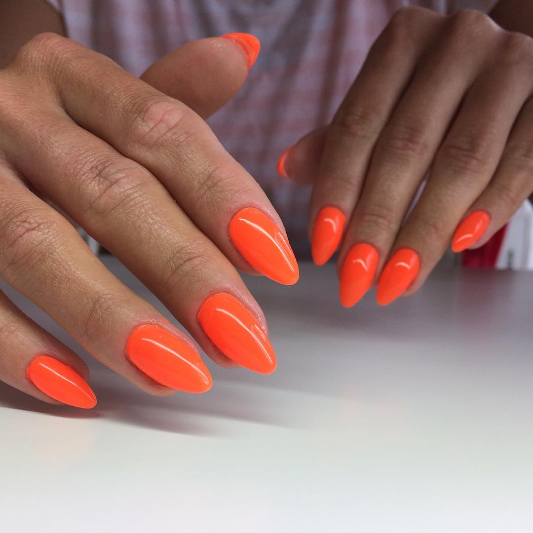 Neon Orange Glossy Stiletto Nails