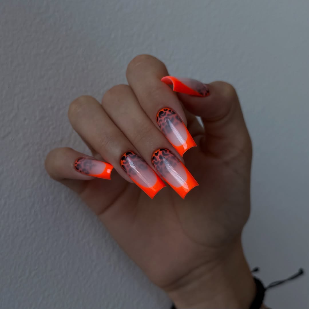 Neon Orange Leopard Print Extra-Long Coffin French Tips