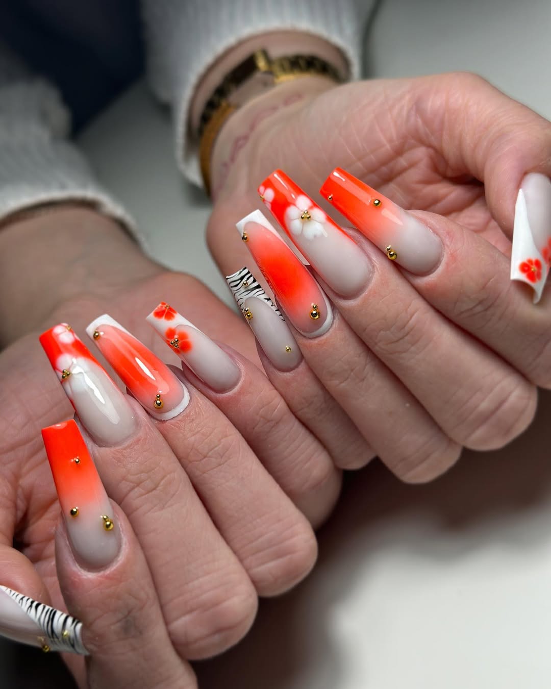 Neon Orange Ombre Acrylic Coffin Nails With Flower Art