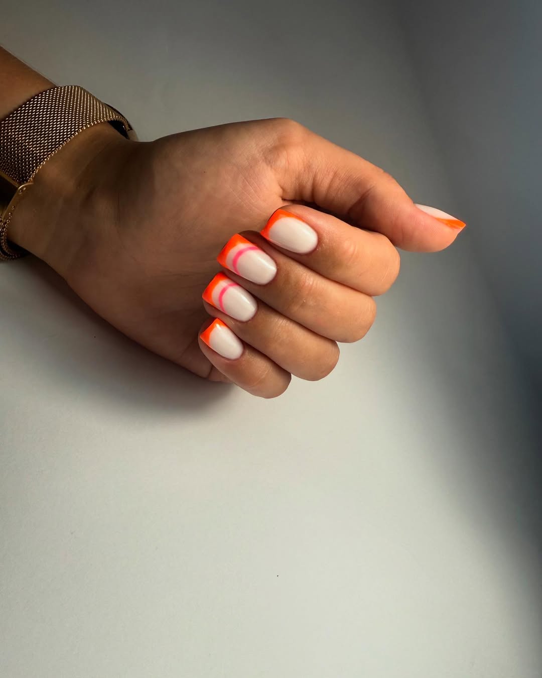 Neon Orange Pink Line French Tip Nails