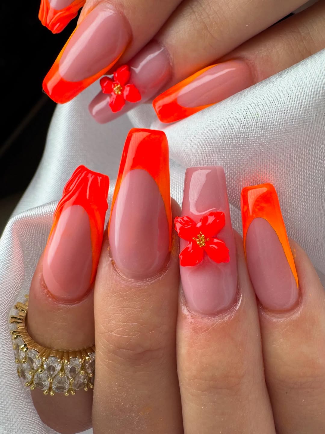 Neon Orange V-Cut French with 3D Red Flowers