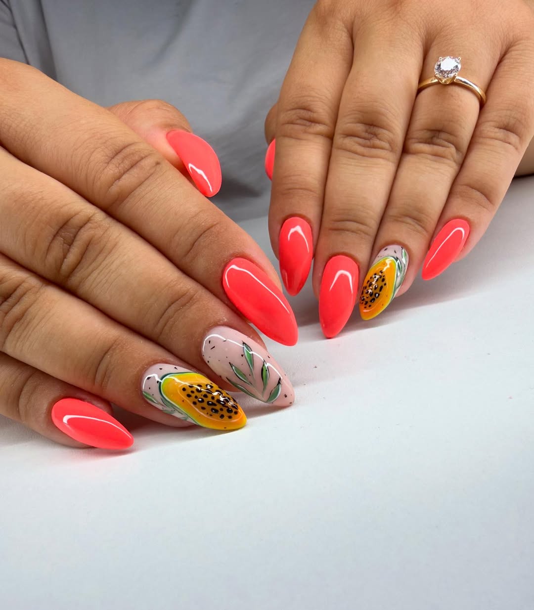 Neon Papaya Summer Almond Nails