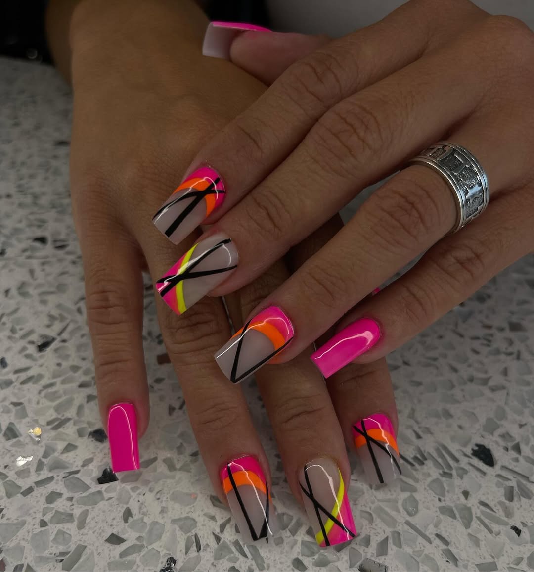Neon Pink Abstract Geoprint Glossy Square Nails