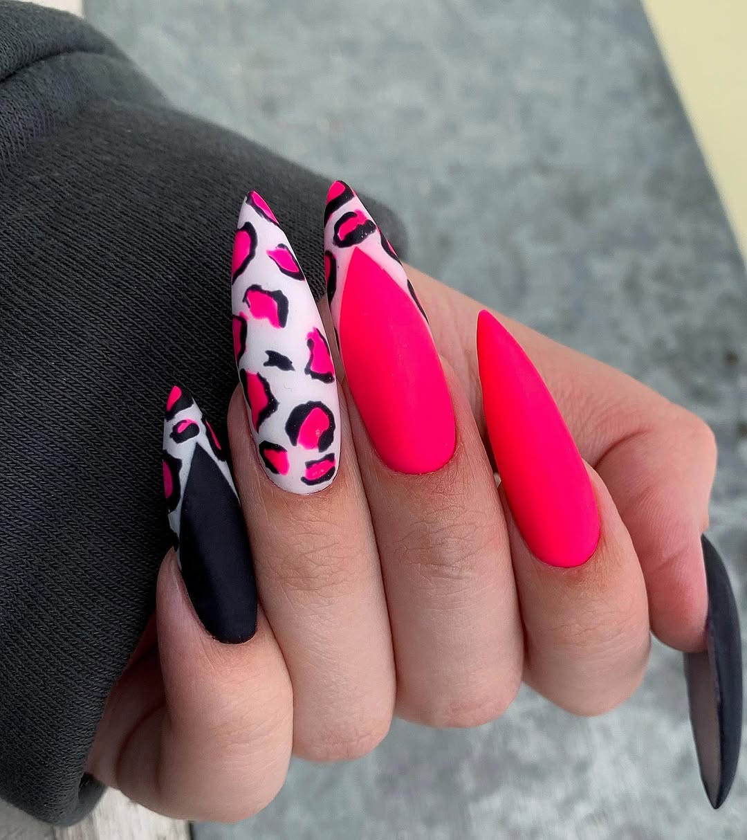Neon Pink and Black Leopard Print Stiletto Nails
