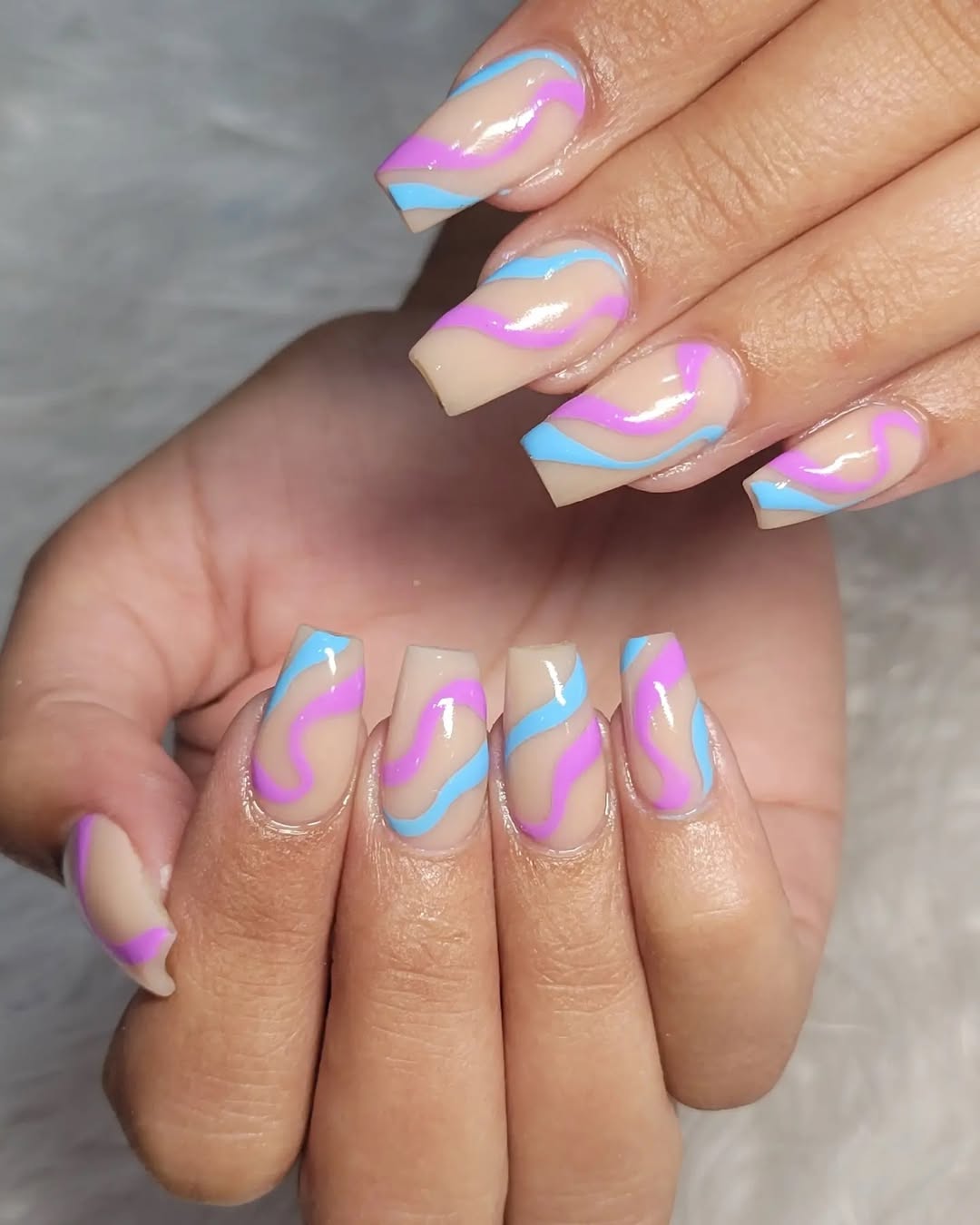 Neon Pink and Blue Swirl Coffin Nails