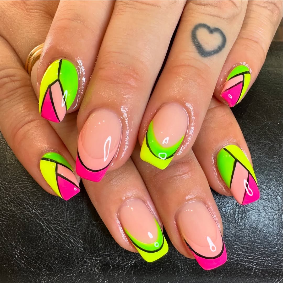 Neon Pink and Green Glossy Abstract French Tips