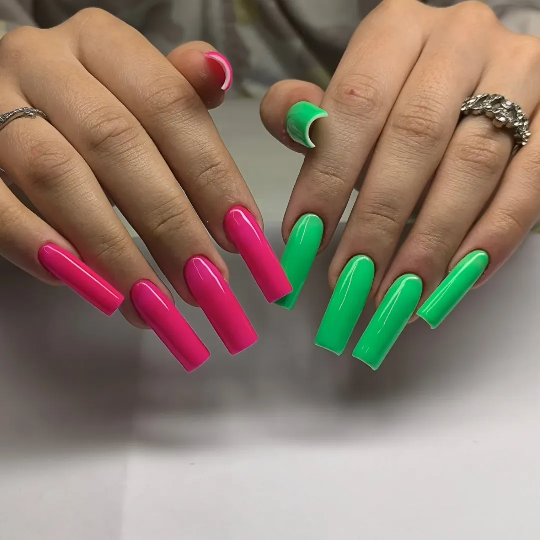 Neon Pink and Green Glossy Extra Long Square Nails