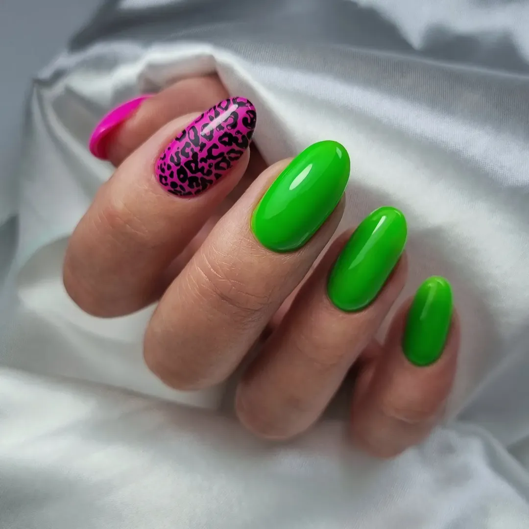 Neon Pink and Green Leopard Print Oval Nails