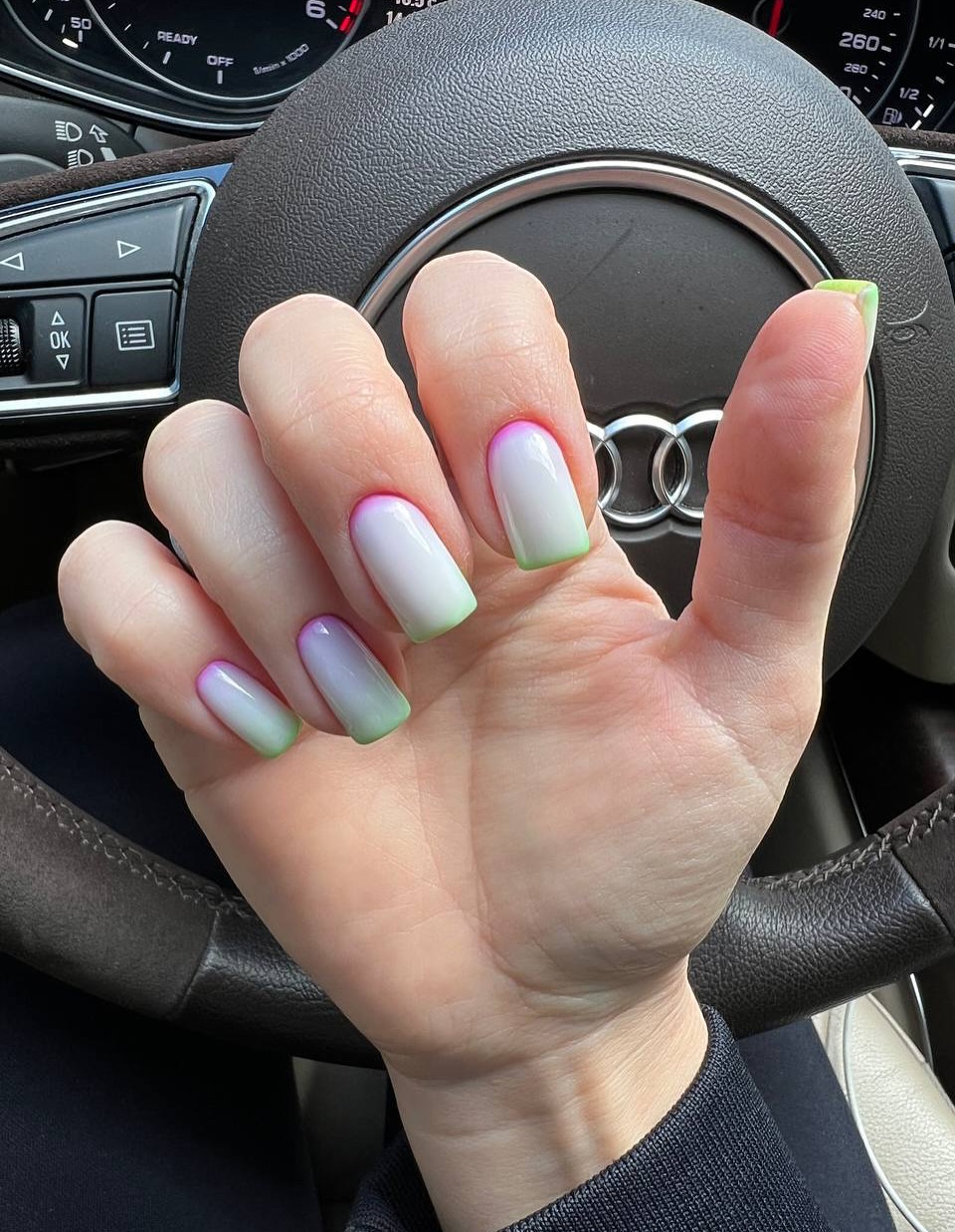 Neon Pink and Green Ombre Square Nails