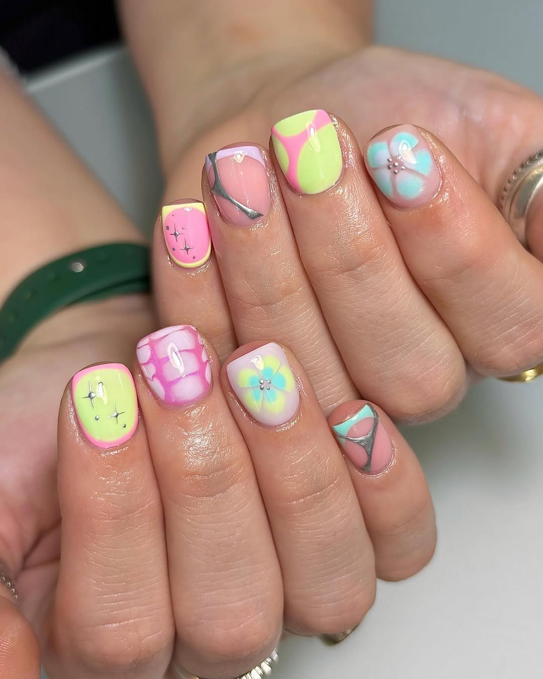 Neon Pink and Green Swirls with Pastel Flowers