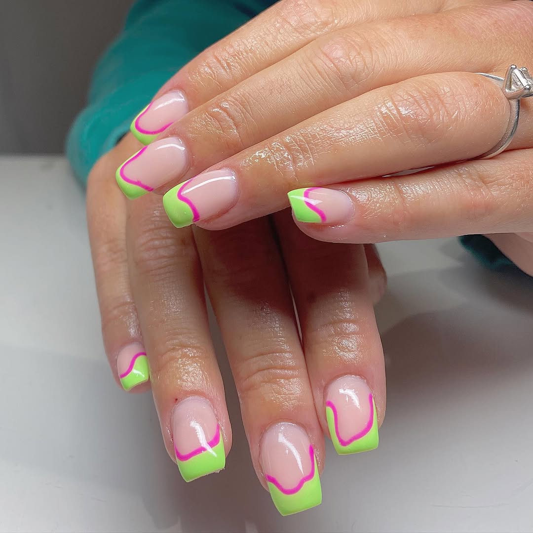 Neon Pink and Green Wavy French Square Nails