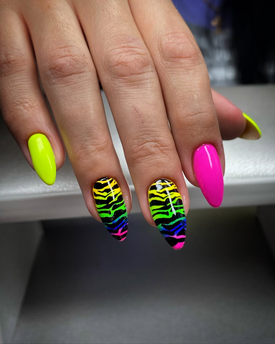 Neon Pink and Green Zebra Print Almond Nails