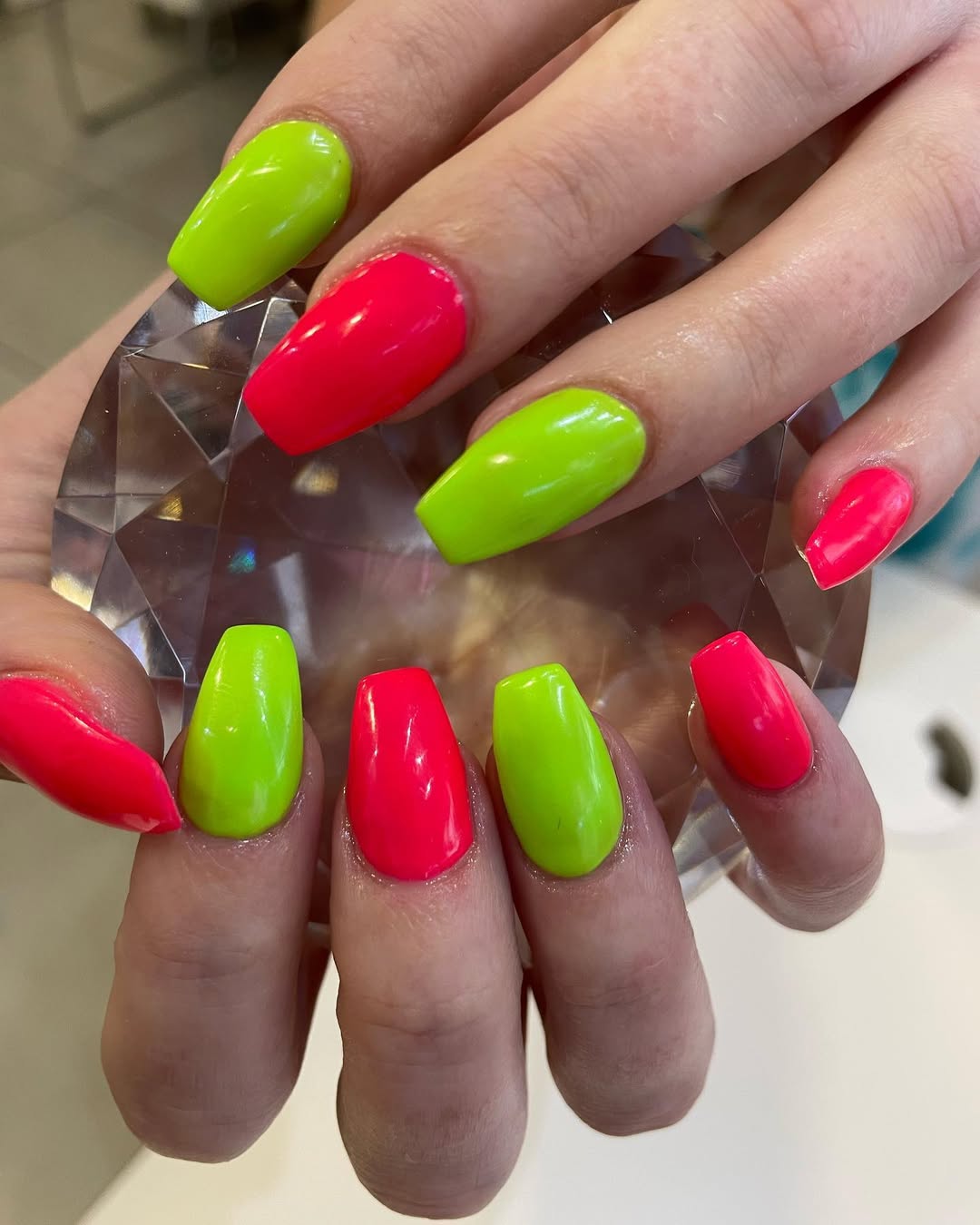 Neon Pink and Lime Green Mismatched Coffin Nails