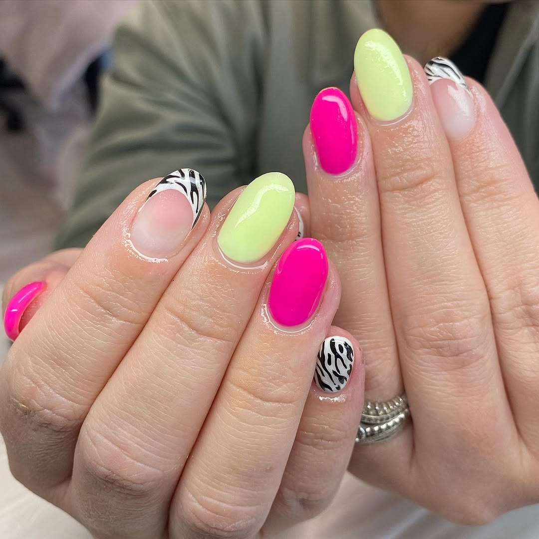 Neon Pink and Lime Green Zebra Print Oval Nails