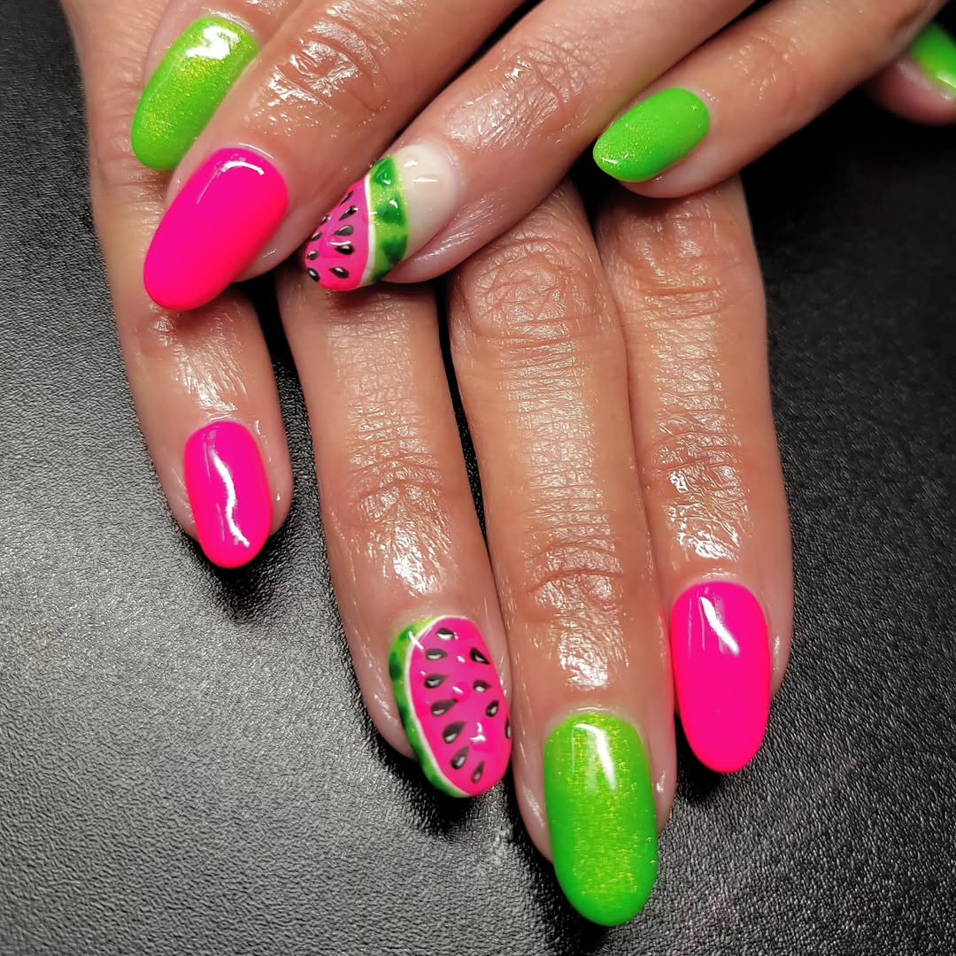Neon Pink and Lime Watermelon Accent Nails