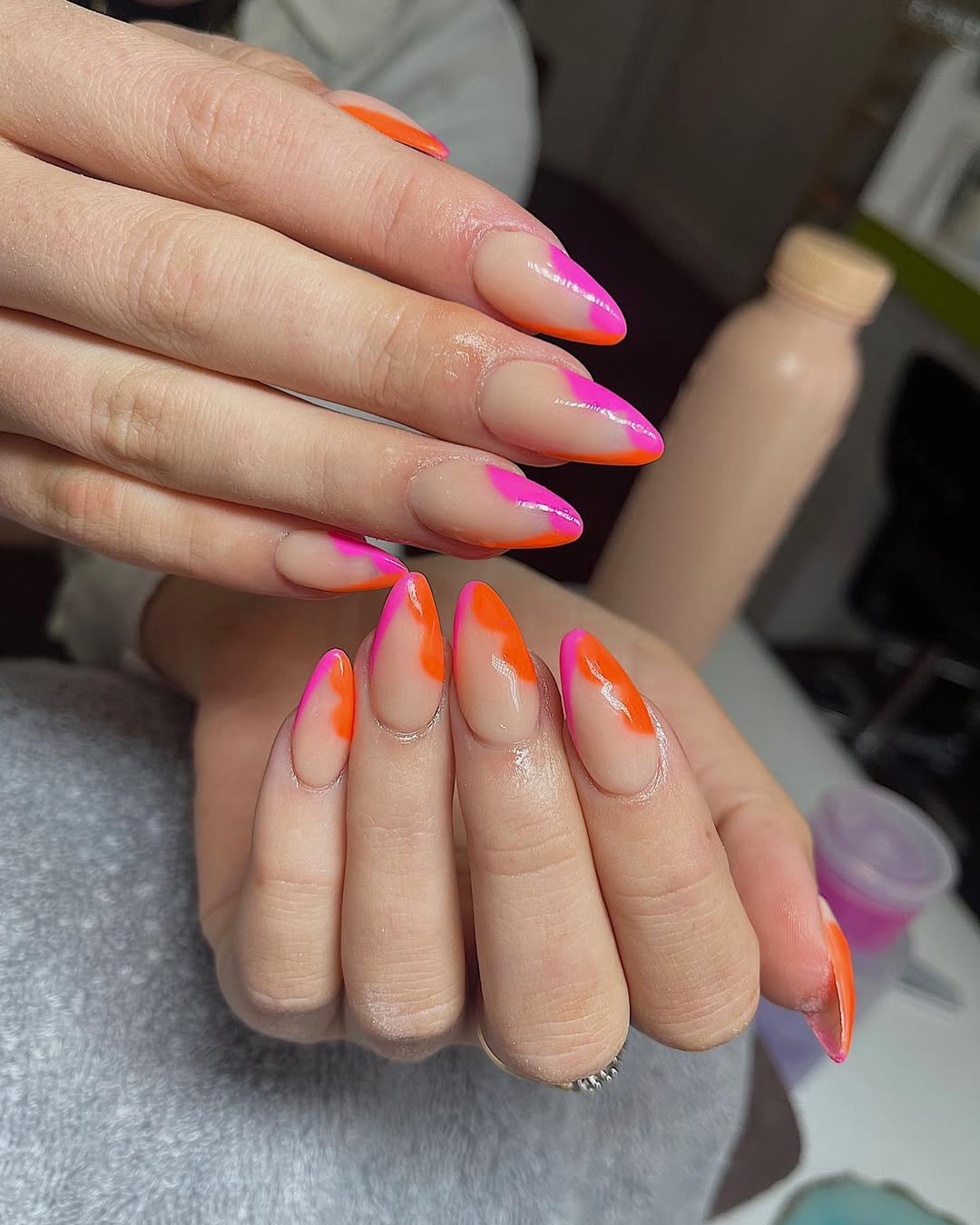 Neon Pink and Orange Abstract French Tips