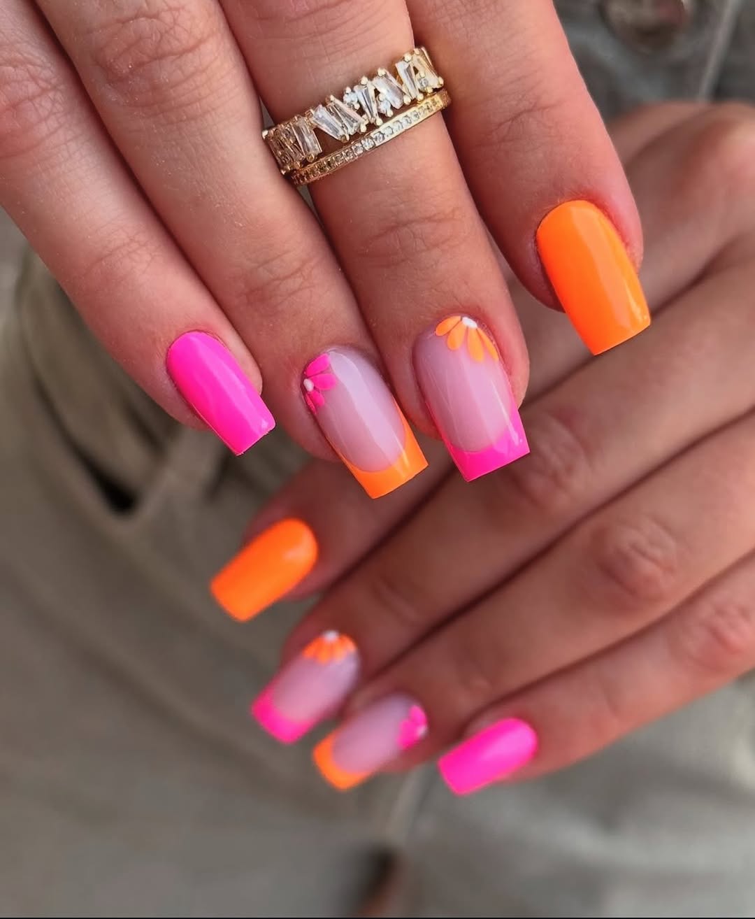 Neon Pink and Orange French Tips with Floral Accents